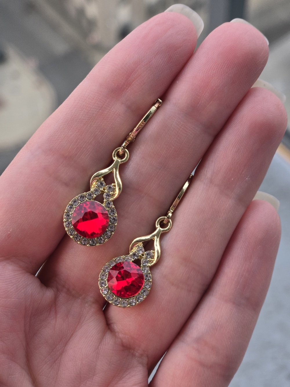 NWT Gold Drop Earrings with Red Crystal Centers